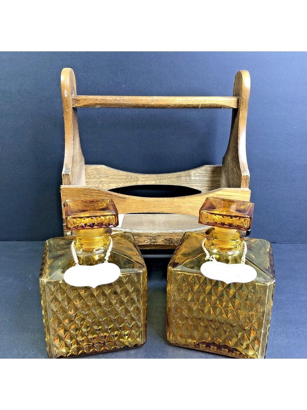 JAPAN Mid Century Amber Glass Decanter Set With Caddy Lock Keys Bar Ware Decor